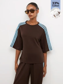 Maija Holiday Urban Athleisure Sports Casual Women's 2 Pieces Set T-Shirt And Straight Leg Sweatpants Gym Travel Brown Striped Summer - Brown - View 4