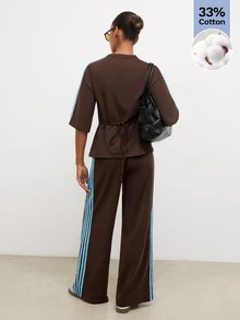 Maija Holiday Urban Athleisure Sports Casual Women's 2 Pieces Set T-Shirt And Straight Leg Sweatpants Gym Travel Brown Striped Summer - Brown - View 2
