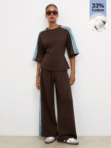 Maija Holiday Urban Athleisure Sports Casual Women's 2 Pieces Set T-Shirt And Straight Leg Sweatpants Gym Travel Brown Striped Summer - Brown - View 3