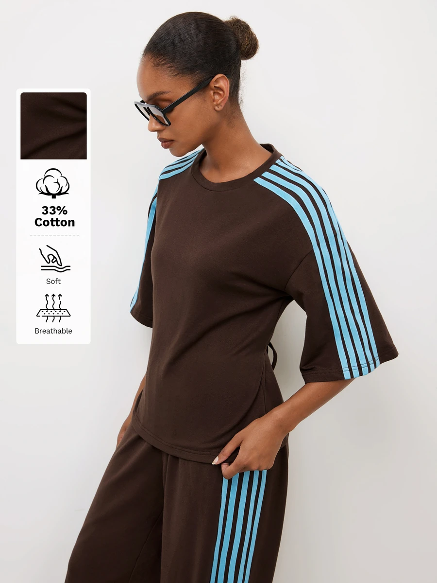 Maija Holiday Urban Athleisure Sports Casual Women's 2 Pieces Set T-Shirt And Straight Leg Sweatpants Gym Travel Brown Striped Summer - Brown - View 1