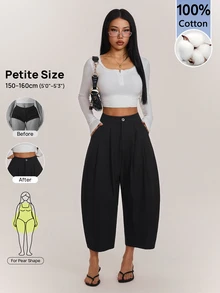 SHEIN PETITE 女款彎腿七分褲/七分褲 100%純棉 優雅舒適休閒穿著 - 黑色 - 查看 8