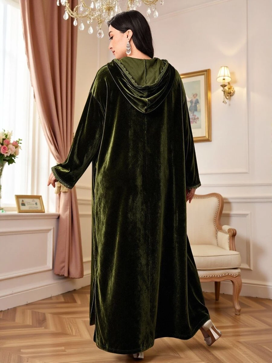 Al Najma Plus Size Women's Contrast Lace Button Design Hooded Abaya - Army Green - View 1