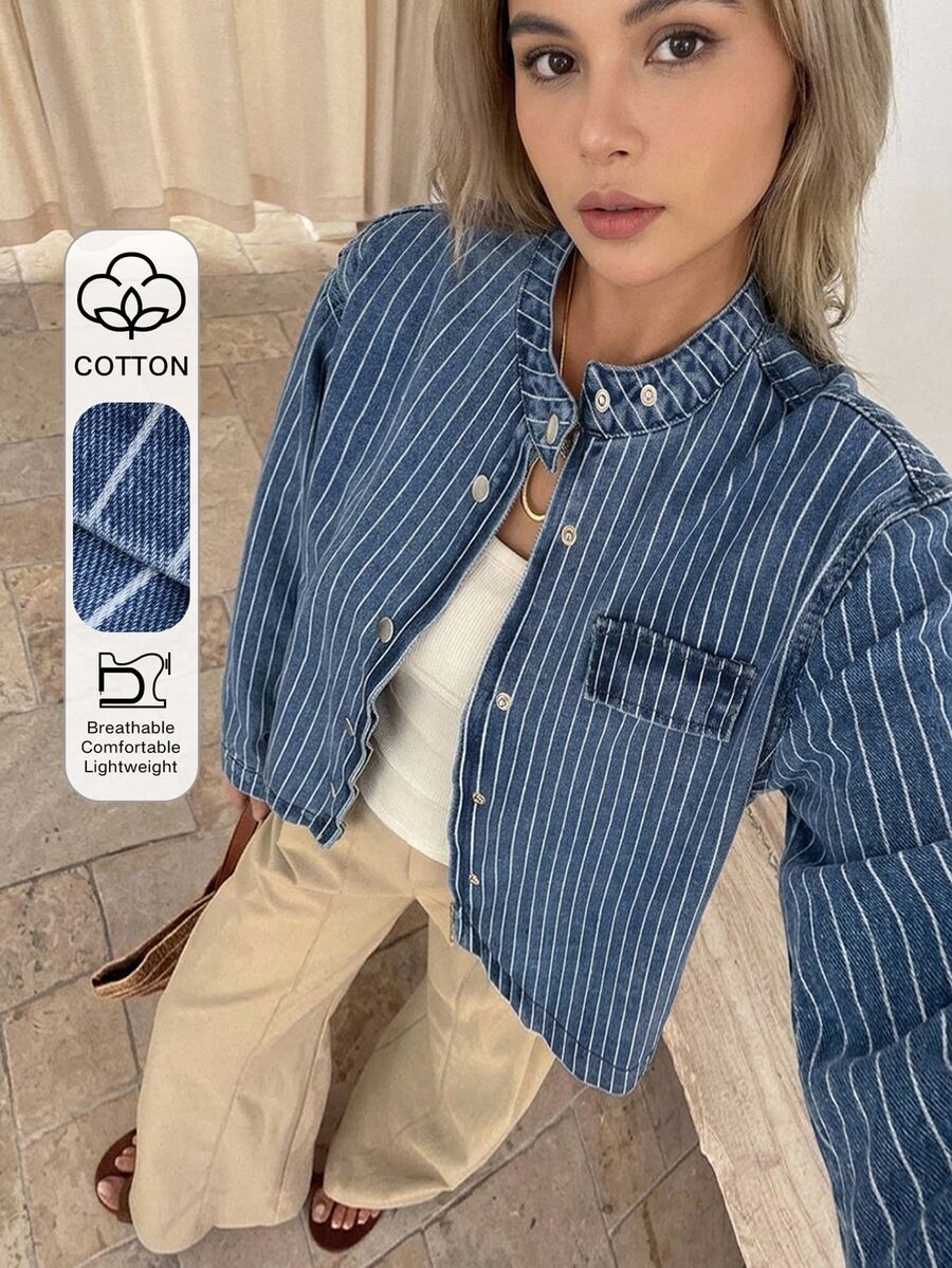 Livesso Fall Loose Business Casual Streetwear Fashion Office Everyday Going Out Street Outdoor Fine Striped Blue Stand Collar Big Pocket Denim Coat Women - Medium Wash - View 1