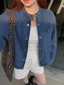 Livesso Fall Loose Business Casual Streetwear Fashion Office Everyday Going Out Street Outdoor Fine Striped Blue Stand Collar Big Pocket Denim Coat Women - Medium Wash - View 9