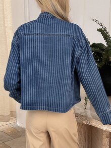 Livesso Fall Loose Business Casual Streetwear Fashion Office Everyday Going Out Street Outdoor Fine Striped Blue Stand Collar Big Pocket Denim Coat Women - Medium Wash - View 6
