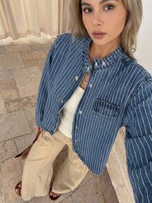 Livesso Fall Loose Business Casual Streetwear Fashion Office Everyday Going Out Street Outdoor Fine Striped Blue Stand Collar Big Pocket Denim Coat Women - Medium Wash - View 11