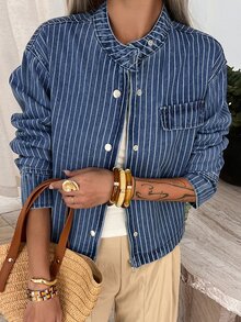 Livesso Fall Loose Business Casual Streetwear Fashion Office Everyday Going Out Street Outdoor Fine Striped Blue Stand Collar Big Pocket Denim Coat Women - Medium Wash - View 2