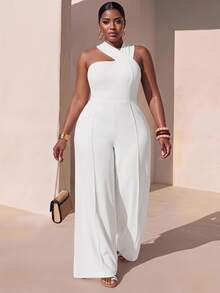 Zivah Plus Size Women's Summer Loose Halter Pockets Wide Leg Jumpsuit - White - View 1
