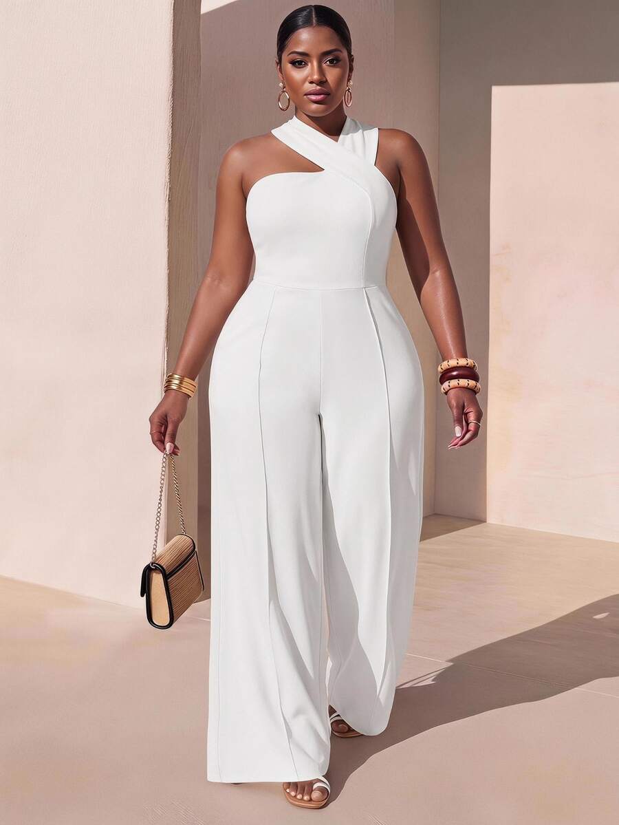 Zivah Plus Size Women's Summer Loose Halter Pockets Wide Leg Jumpsuit - White - View 1