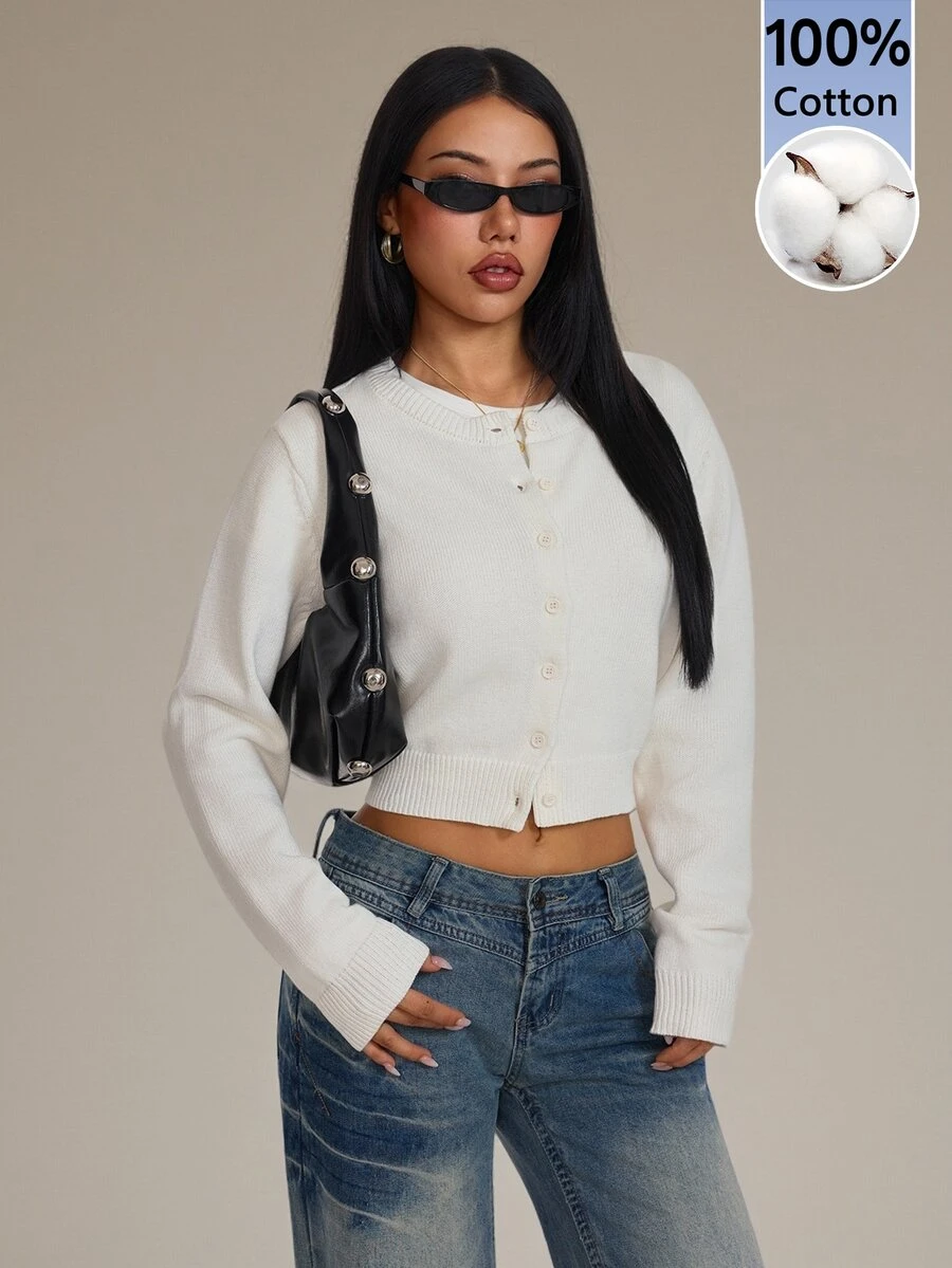 SHEIN PETITE Women's Cotton Blend Cardigan Sweater, Suitable For Autumn/Winter, Elegant Daily Wear - White - View 1