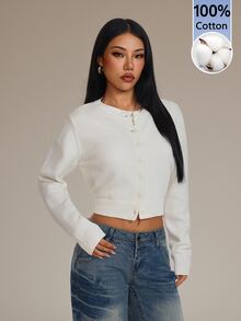 SHEIN PETITE Women's Cotton Blend Cardigan Sweater, Suitable For Autumn/Winter, Elegant Daily Wear - White - View 1
