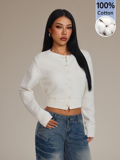 SHEIN PETITE Women's Cotton Blend Cardigan Sweater, Suitable For Autumn/Winter, Elegant Daily Wear