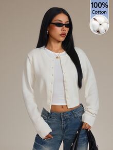 SHEIN PETITE Women's Cotton Blend Cardigan Sweater, Suitable For Autumn/Winter, Elegant Daily Wear - White - View 6