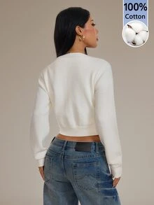 SHEIN PETITE Women's Cotton Blend Cardigan Sweater, Suitable For Autumn/Winter, Elegant Daily Wear - White - View 2