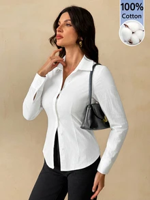 SHEIN Tall 100% Cotton Women's Solid Color Button Front Long Sleeve Casual Blouse, 1pc, Commuting, Leisure, Aft - White - View 6