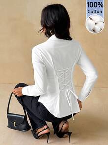 SHEIN Tall 100% Cotton Women's Solid Color Button Front Long Sleeve Casual Blouse, 1pc, Commuting, Leisure, Aft - White - View 2