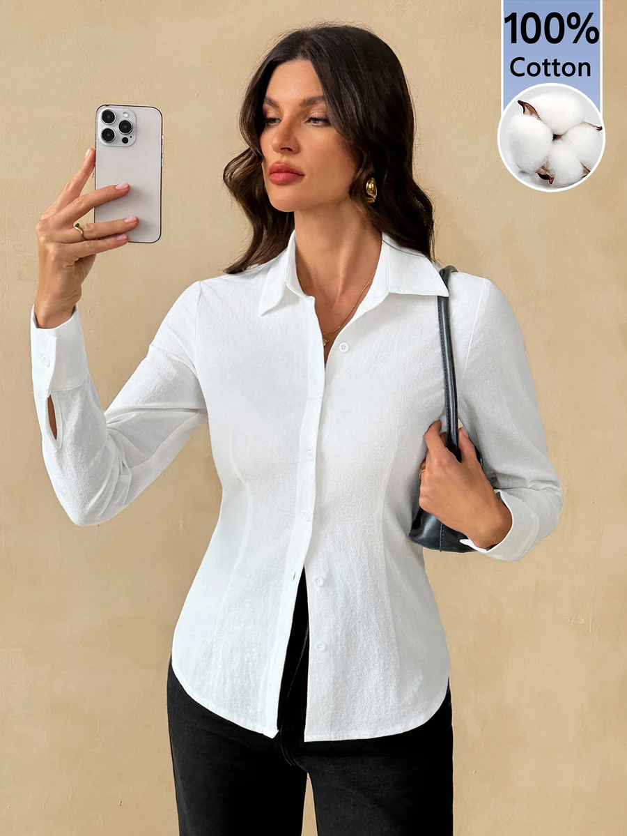 SHEIN Tall 100%純棉女款純色鈕扣前襟長袖休閒襯衫,1件,通勤、休閒、下午茶 - 白色 - 查看 1
