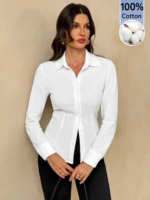 SHEIN Tall 100% Cotton Women's Solid Color Button Front Long Sleeve Casual Blouse, 1pc, Commuting, Leisure, Aft - White - View 5