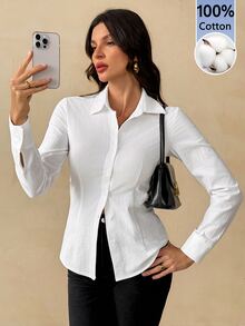 SHEIN Tall 100% Cotton Women's Solid Color Button Front Long Sleeve Casual Blouse, 1pc, Commuting, Leisure, Aft - White - View 1