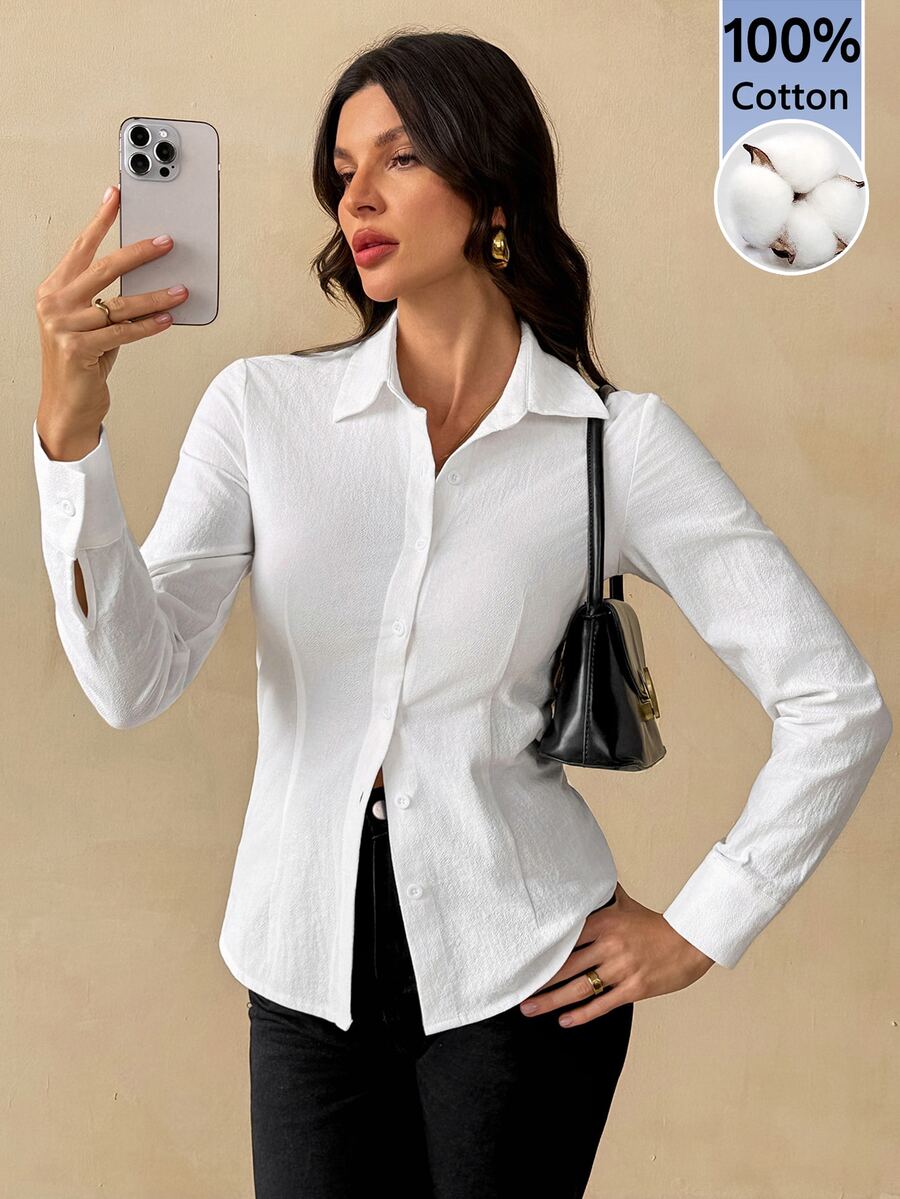 SHEIN Tall 100% Cotton Women's Solid Color Button Front Long Sleeve Casual Blouse, 1pc, Commuting, Leisure, Aft - White - View 1