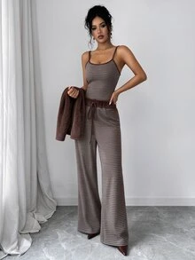 Selianne Women's Knitted Solid Color Cardigan With Front Button Closure, Striped Slim Fit Camisole With Drawstring Detail, Elegant Casual Commute Daily Outing Pants 3 Pieces Set - Brown - View 8