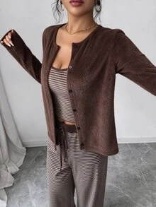 Selianne Women's Knitted Solid Color Cardigan With Front Button Closure, Striped Slim Fit Camisole With Drawstring Detail, Elegant Casual Commute Daily Outing Pants 3 Pieces Set - Brown - View 5
