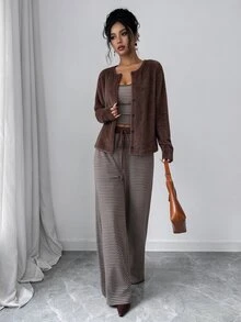 Selianne Women's Knitted Solid Color Cardigan With Front Button Closure, Striped Slim Fit Camisole With Drawstring Detail, Elegant Casual Commute Daily Outing Pants 3 Pieces Set - Brown - View 6