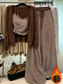 Selianne Women's Knitted Solid Color Cardigan With Front Button Closure, Striped Slim Fit Camisole With Drawstring Detail, Elegant Casual Commute Daily Outing Pants 3 Pieces Set - Brown - View 4
