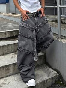 STEELVANCE 街頭風做舊水洗耐穿原邊拼接緞帶設計寬鬆直筒寬腿休閒牛仔褲（不含腰帶與配件） - 淺灰色 - 查看 3