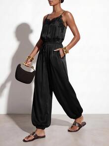 Zivah Women's Lace Patchwork Pleated Casual Daily Camisole Jumpsuit - Black - View 7