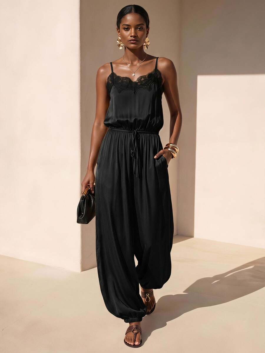 Zivah Women's Lace Patchwork Pleated Casual Daily Camisole Jumpsuit - Black - View 1