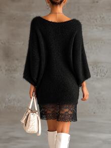 SHEIN Women's Solid Color 3/4 Sleeve Contrast Lace Hem Knit Dress - Black - View 2