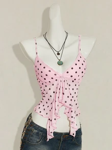 SHEIN ICON 女款粉黑波點花卉印花V領細肩帶背心，波浪下擺，度假休閒Y2K夏季夜生活穿搭 - 粉色 - 查看 3
