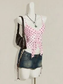 SHEIN ICON 女款粉黑波點花卉印花V領細肩帶背心，波浪下擺，度假休閒Y2K夏季夜生活穿搭 - 粉色 - 查看 7