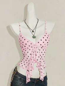 SHEIN ICON 女款粉黑波點花卉印花V領細肩帶背心，波浪下擺，度假休閒Y2K夏季夜生活穿搭 - 粉色 - 查看 4