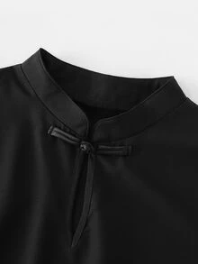 LUMIGAL Women's Small Stand Collar With Frog Button Decoration + Black Chiffon Patchwork Long Sleeve Blouse - Black - View 5