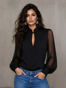 LUMIGAL Women's Small Stand Collar With Frog Button Decoration + Black Chiffon Patchwork Long Sleeve Blouse - Black - View 8