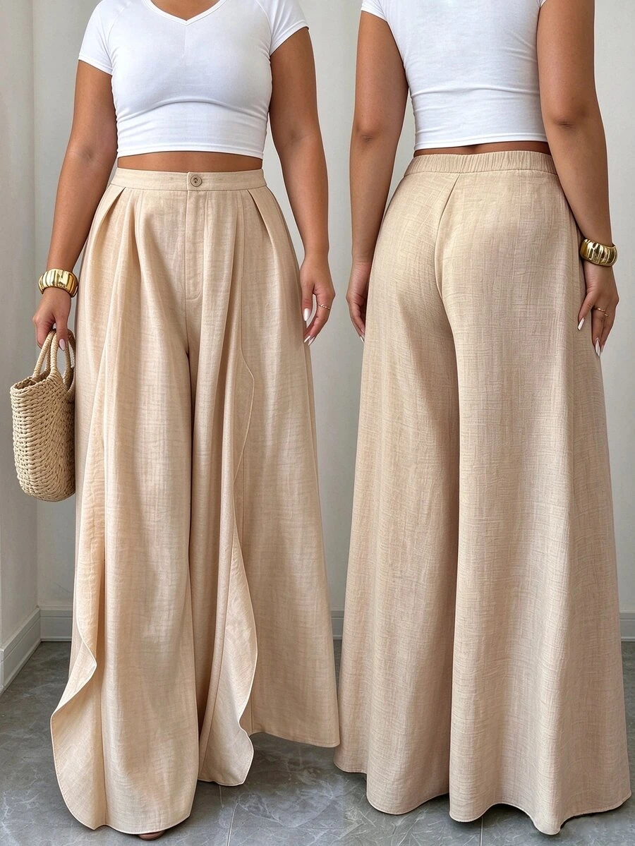 Elenzga Plus Size Women's Solid Color High Pleated Flowy Ruffle Hem Wide Leg Casual Elegant Baggy Pants Formal Vacation Khakis Autumn Fall Wedding Guest Brown - Khaki - View 1