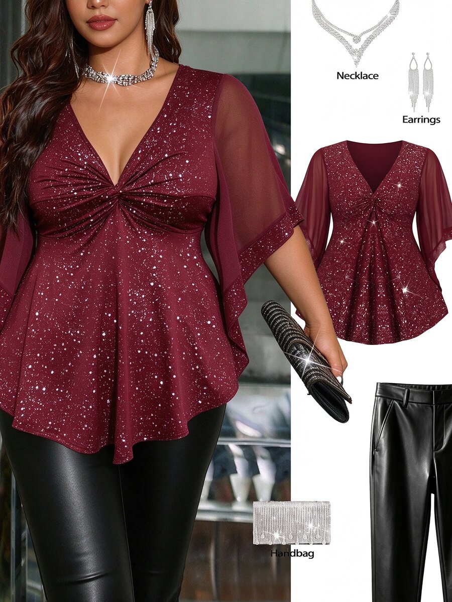 Femmeverse Plus Size Women's Elegant Glam Party Style Knot V-Neck Fitted Slimming Mesh Patchwork Silver Foil Fabric Blouse Top For Wedding And Party - Burgundy - View 1