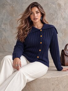Ceyna Plus Size Women's Lapel Ribbed Vintage Elegant Navy Blue Cardigan Sweater Casual Fall Outerwear Office Homewear Formal - Navy Blue - View 4