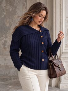 Ceyna Plus Size Women's Lapel Ribbed Vintage Elegant Navy Blue Cardigan Sweater Casual Fall Outerwear Office Homewear Formal - Navy Blue - View 1