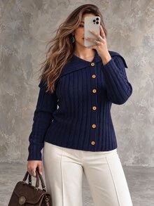 Ceyna Plus Size Women's Lapel Ribbed Vintage Elegant Navy Blue Cardigan Sweater Casual Fall Outerwear Office Homewear Formal - Navy Blue - View 3