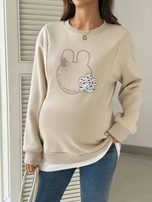 SHEIN بلوزة رياضية كاجوال وظيفية للأمومة والرضاعة بأكمام طويلة وتصميم كتل لونية للخروج في الخريف/الشتاء بطبعة جرافيك باللون الذهبي والكريمي - كاكي - مشاهدة 3
