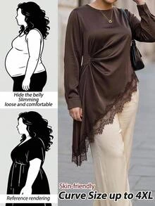 Chikora Plus Size Lace Patchwork Long Sleeve Asymmetrical Hem Shirt Fall Clothes For Women Formal Office Brunch Party Brown Elegant Evening - Brown - View 2