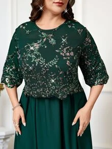 Reflora 大尺碼復古浪漫優雅精緻亮片圓領洋裝，適合婚禮、正式場合、晚宴派對與雞尾酒會，深綠色，夏季聖誕款 - 墨綠色 - 查看 8