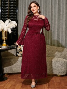 Reflora Plus Size Women's Lace Patchwork Rhinestone Decor Elegant Casual Traditional Waist-Cinching Party Evening Dinner Formal Dress Fall Wedding Burgundy - Burgundy - View 4