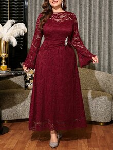 Reflora Plus Size Women's Lace Patchwork Rhinestone Decor Elegant Casual Traditional Waist-Cinching Party Evening Dinner Formal Dress Fall Wedding Burgundy - Burgundy - View 3
