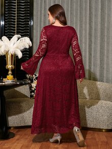Reflora Plus Size Women's Lace Patchwork Rhinestone Decor Elegant Casual Traditional Waist-Cinching Party Evening Dinner Formal Dress Fall Wedding Burgundy - Burgundy - View 9
