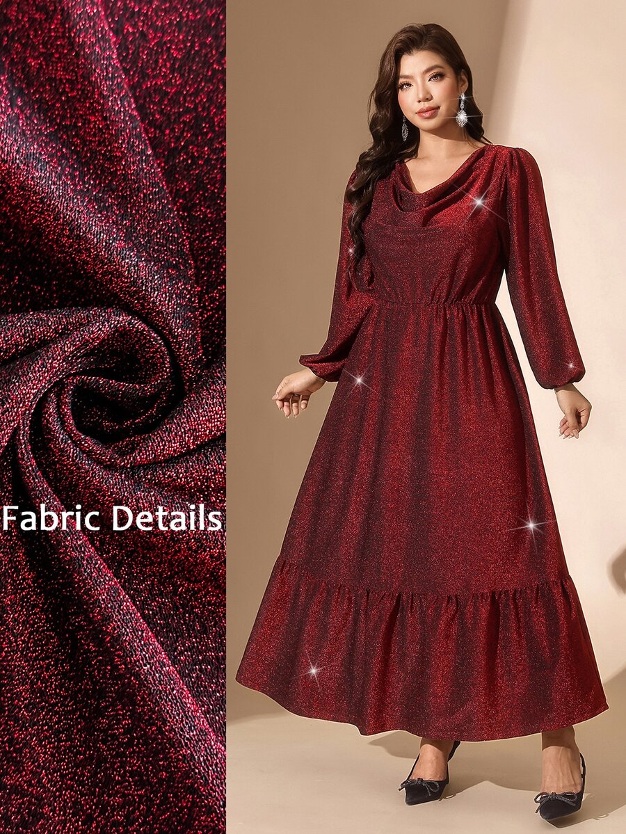 Comfylo Plus Size Elegant Party Glitter Cowl Neck Dress Christmas - Burgundy - View 1