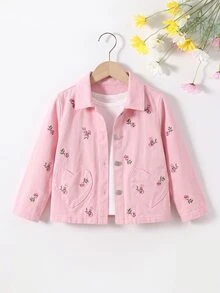 SHEIN 女童牛仔夾克外套 春/秋新款 田園俏皮休閒風 粉色 經典牛仔領搭配彩色花卉刺繡 兩側心形口袋 修身寬鬆版型 親膚柔軟面料 百搭時尚 日常穿著適用於上學、出遊等多種場合 - 粉色 - 查看 1